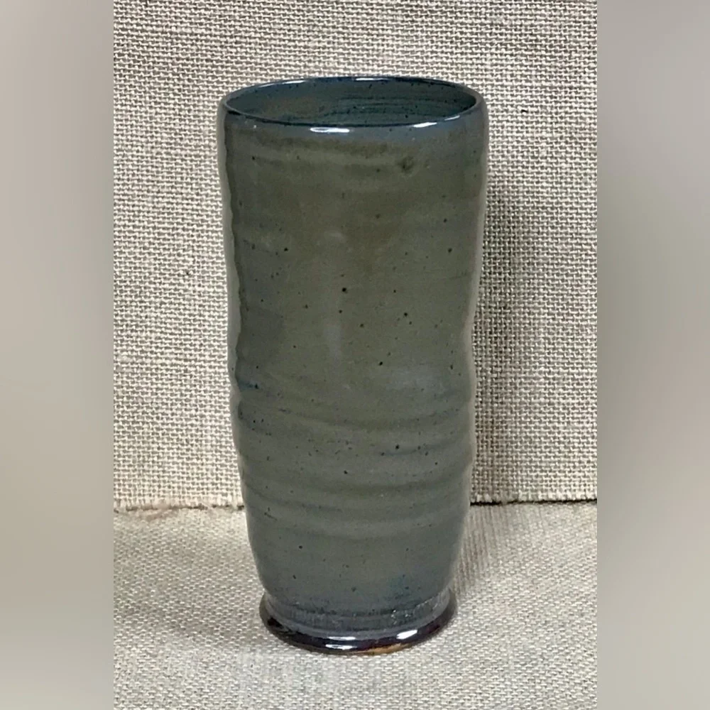Olive Green Blue Cylinder Vase Art Pottery Cottage Goblin Core Boho Neutral